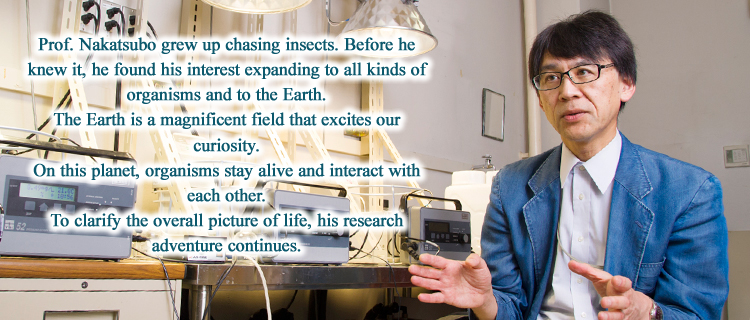Prof. Nakatsubo grew up chasing insects. Before he knew it, he found his interest expanding to all kinds of organisms and to the Earth. The Earth is a magnificent field that excites our curiosity. On this planet, organisms stay alive and interact with each other. To clarify the overall picture of life, his research adventure continues.