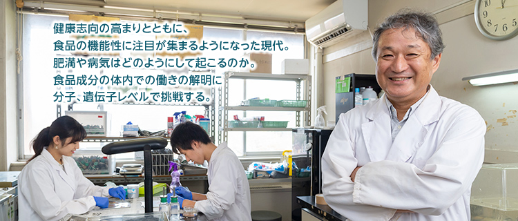健康志向の高まりとともに、食品の機能性に注目が集まるようになった現代。肥満や病気はどのようにして起こるのか。食品成分の体内での働きの解明に分子、遺伝子レベルで挑戦する。